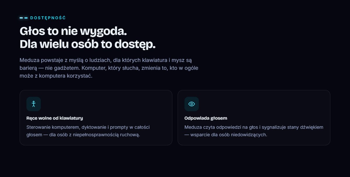 sekcja Dostępność: nagłówek i dwie karty — ręce wolne od klawiatury, odpowiedzi głosem
